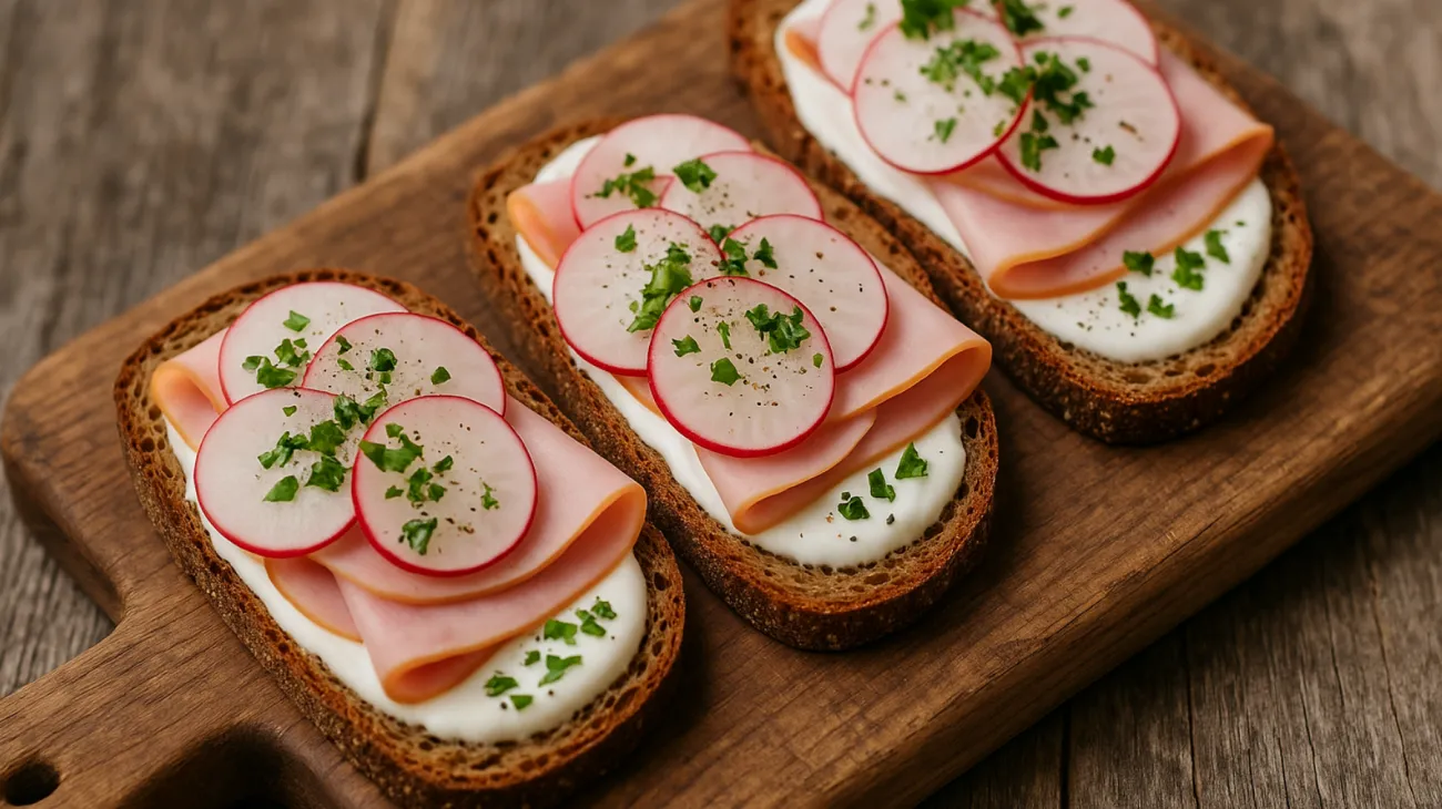 Brotzeit, Sauerrahmbrot, Rettichscheiben."