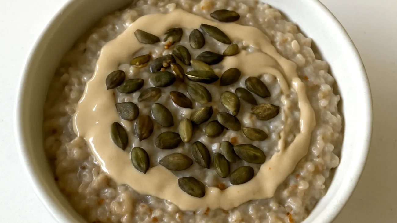 Buchweizen-Porridge mit Tahini und gerösteten Kürbiskernen"