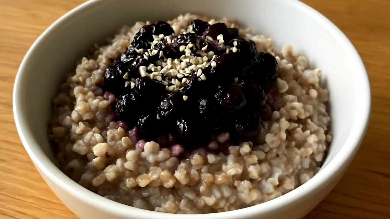 Buchweizen-Porridge mit fermentierten Blaubeeren und Hanfsamen"
