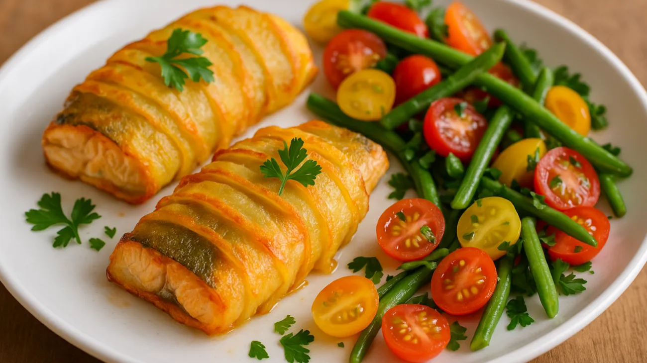Forelle, Kartoffeln, Salat"