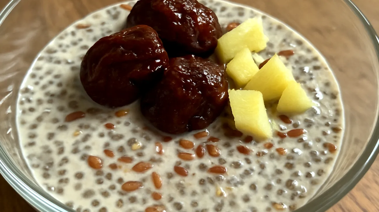 Leinsamen-Chia-Pudding mit fermentierten Pflaumen und Ingwer"