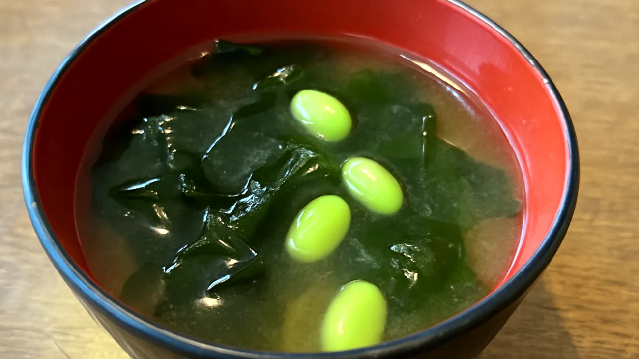 Miso-Suppe mit Wakame-Algen und Edamame"