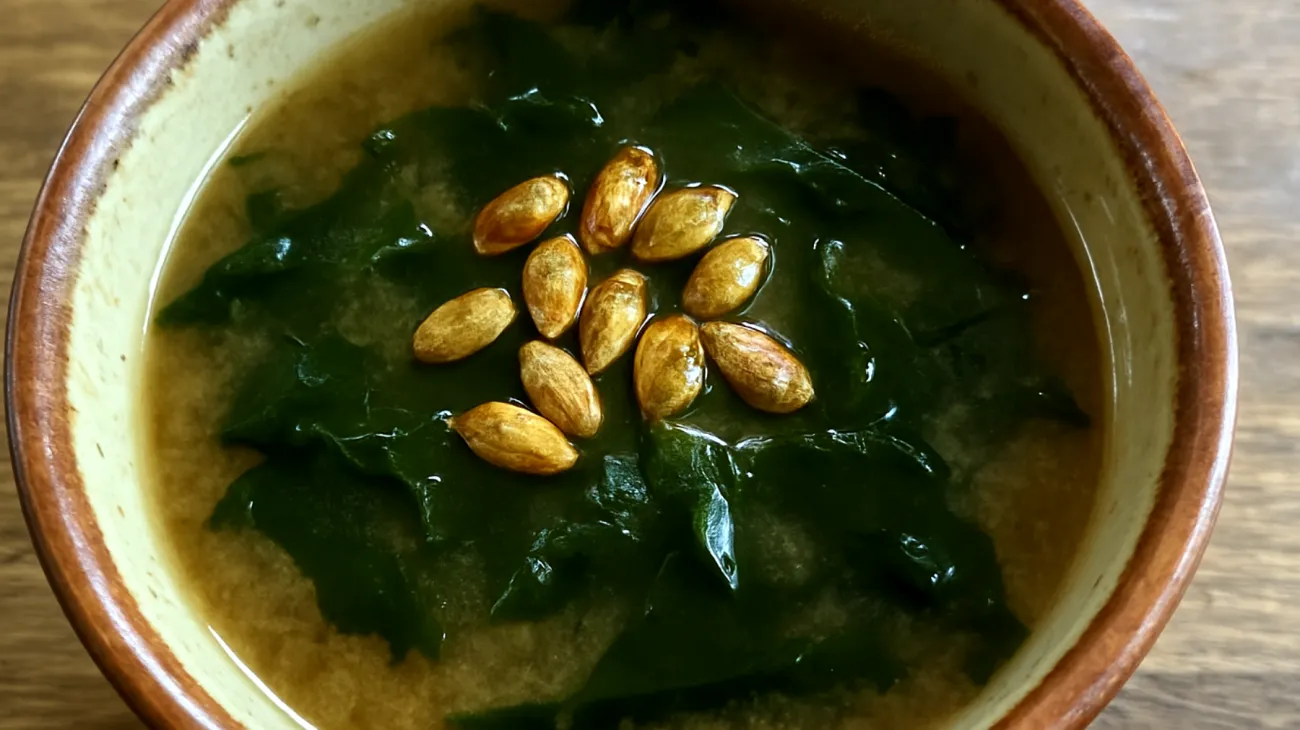 Miso-Suppe mit Wakame-Algen und gerösteten Kürbiskernen"