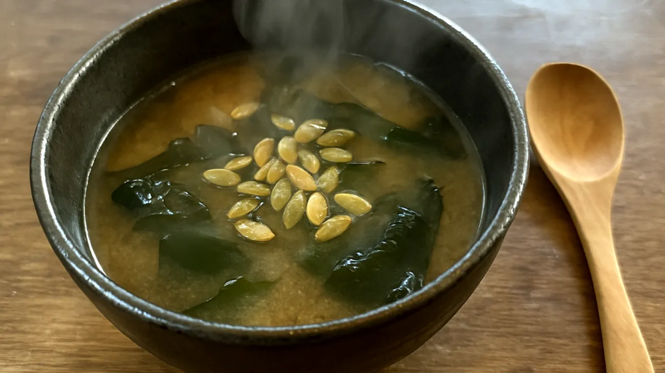 Miso-Suppe mit Wakame-Algen und gerösteten Kürbiskernen"