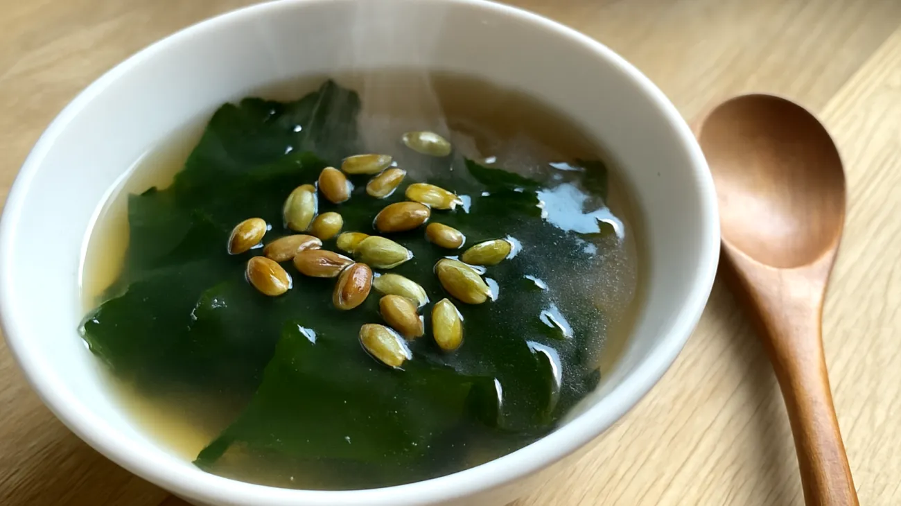 Miso-Suppe mit Wakame-Algen und gerösteten Kürbiskernen"