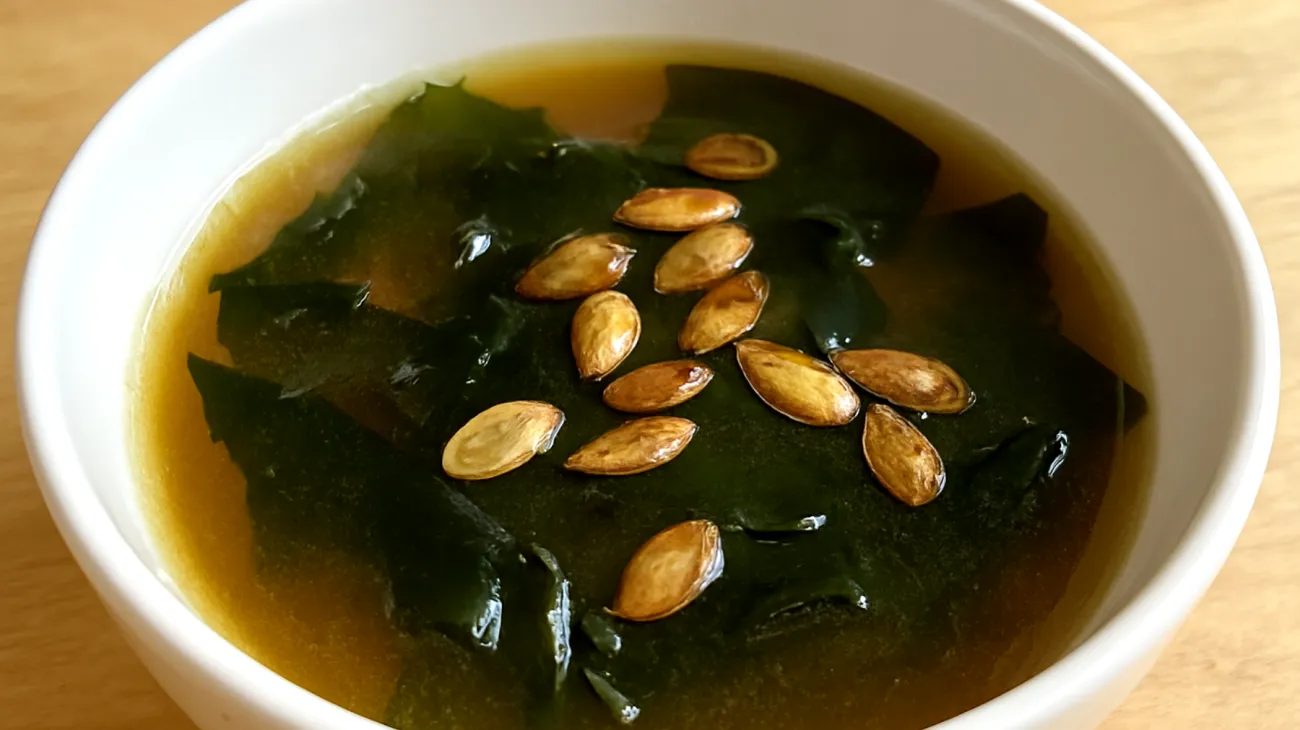 Miso-Suppe mit Wakame-Algen und gerösteten Kürbiskernen"