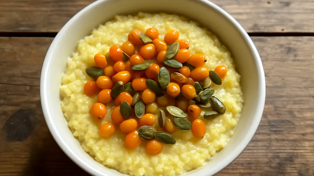 Sanddorn-Hirse-Porridge mit gerösteten Kürbiskernen"