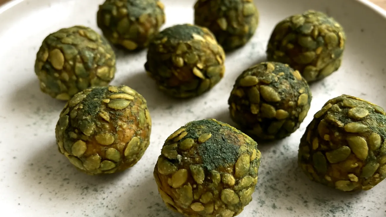 Tahini-Dattelbällchen mit Kürbiskernen und Spirulina"
