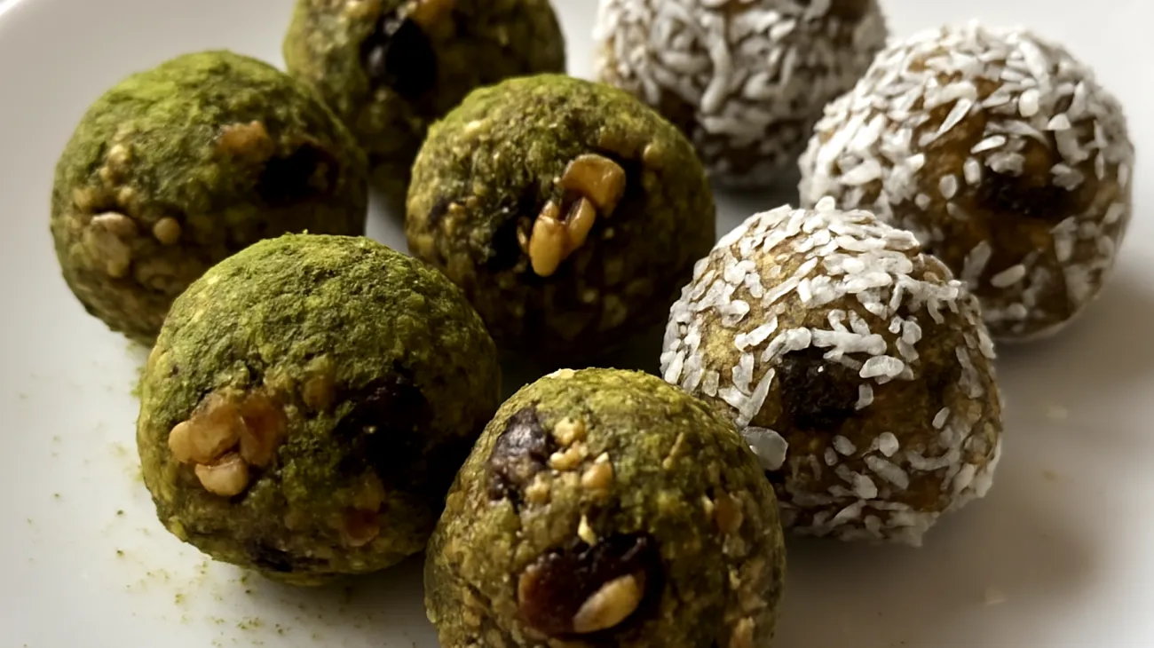 Walnuss-Rosinen-Energiekugeln mit Matcha und Kokosflocken"